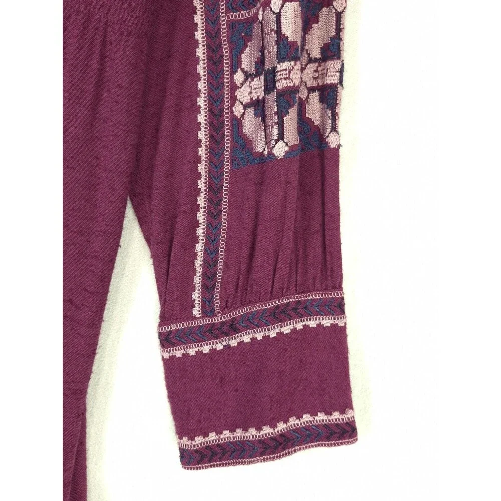 Free People All My Life Mini Dress XS Magenta Pink Embroidered Peasant V Neck